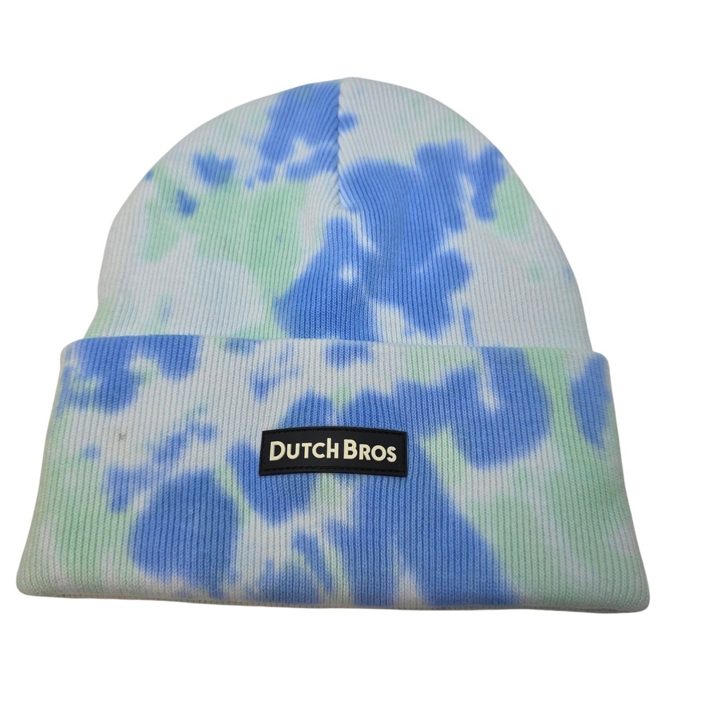 NEW! Dutch Bros Coffee Beanie Hat BlueGreen Tie Dye Ribbed KnitCotton Cuffed OS